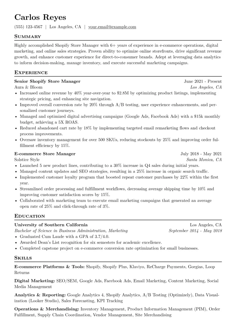 Shopify Store Manager Resume Example CV template preview