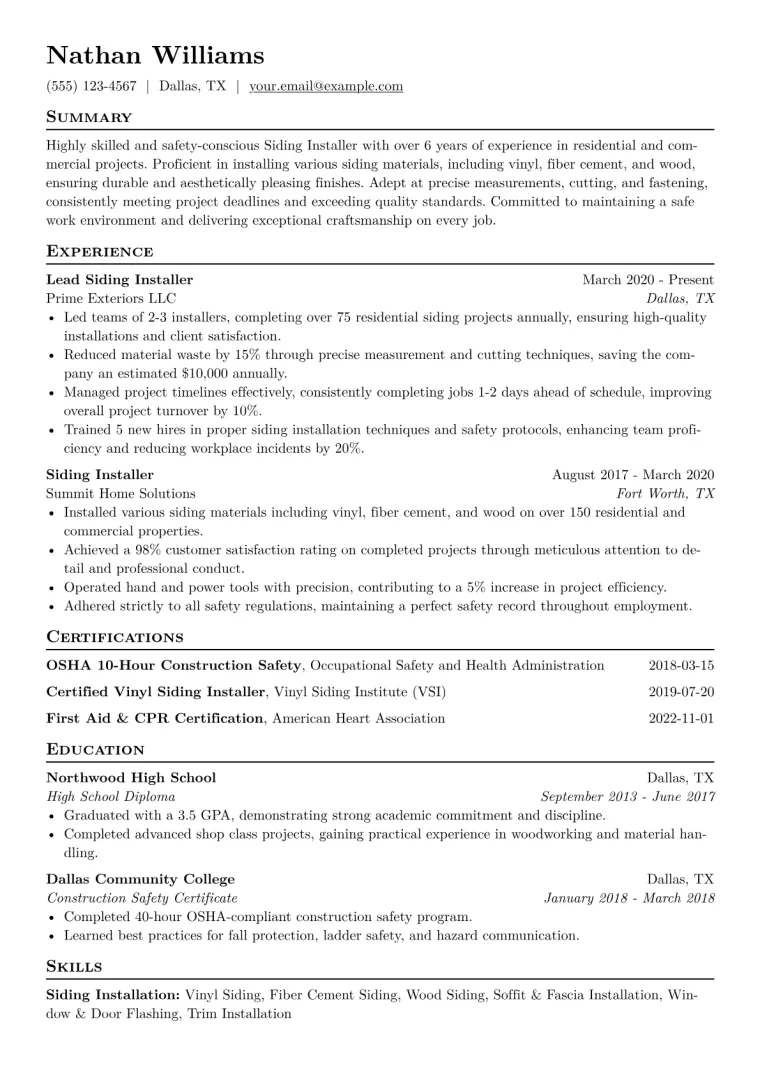 Siding Installer Resume Example CV template preview
