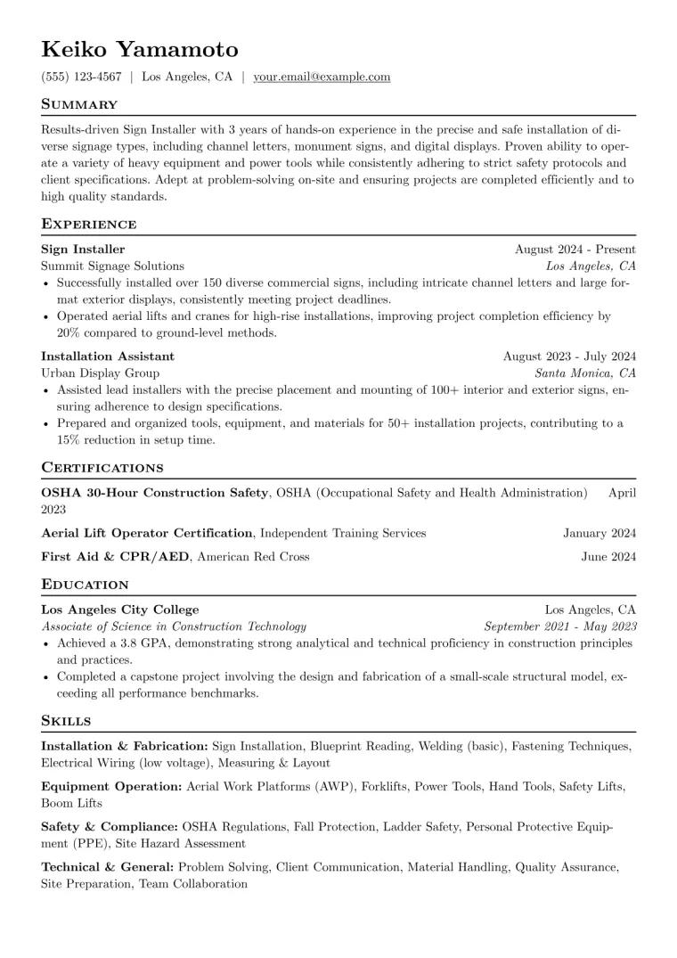 Sign Installer Resume Example CV template preview