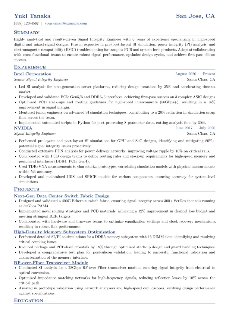 Signal Integrity Engineer Resume Example CV template preview