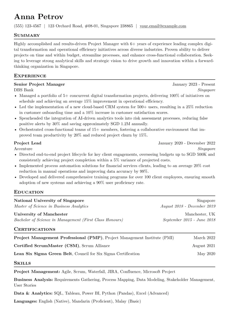 Singapore Resume Example CV template preview