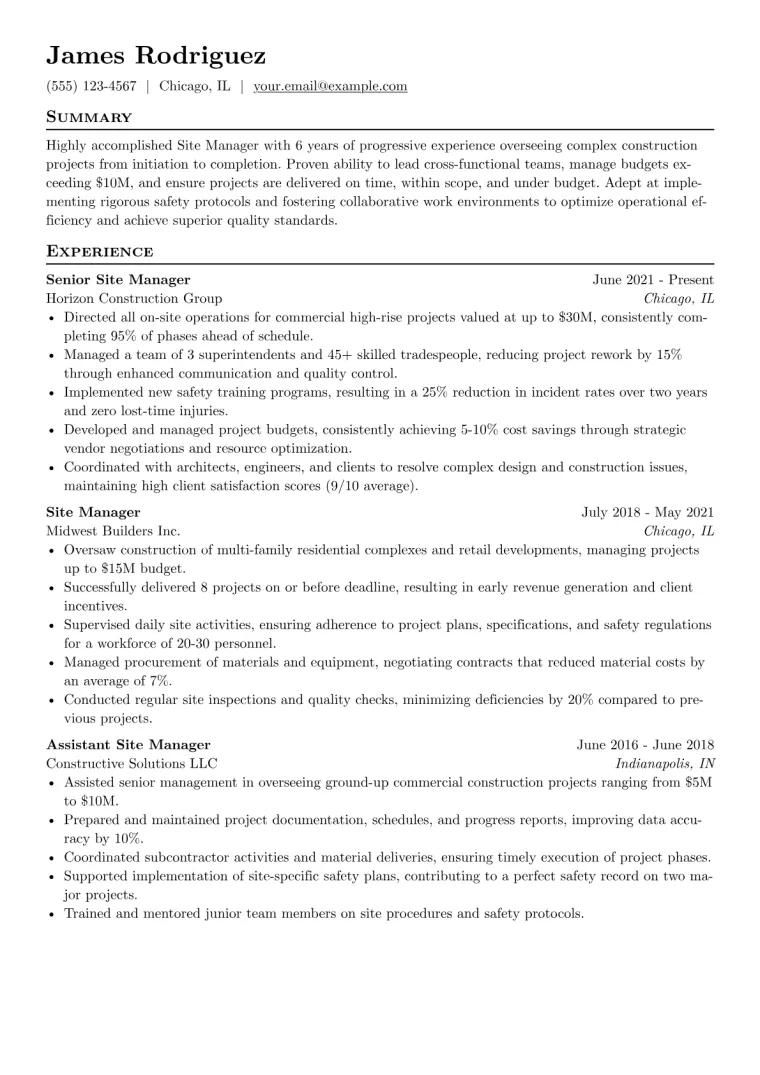 Site Manager Resume Example CV template preview