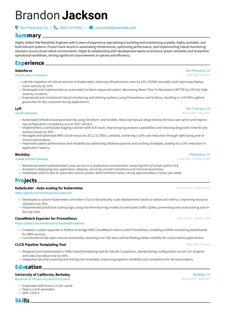 Site Reliability Engineer Resume Example CV template preview