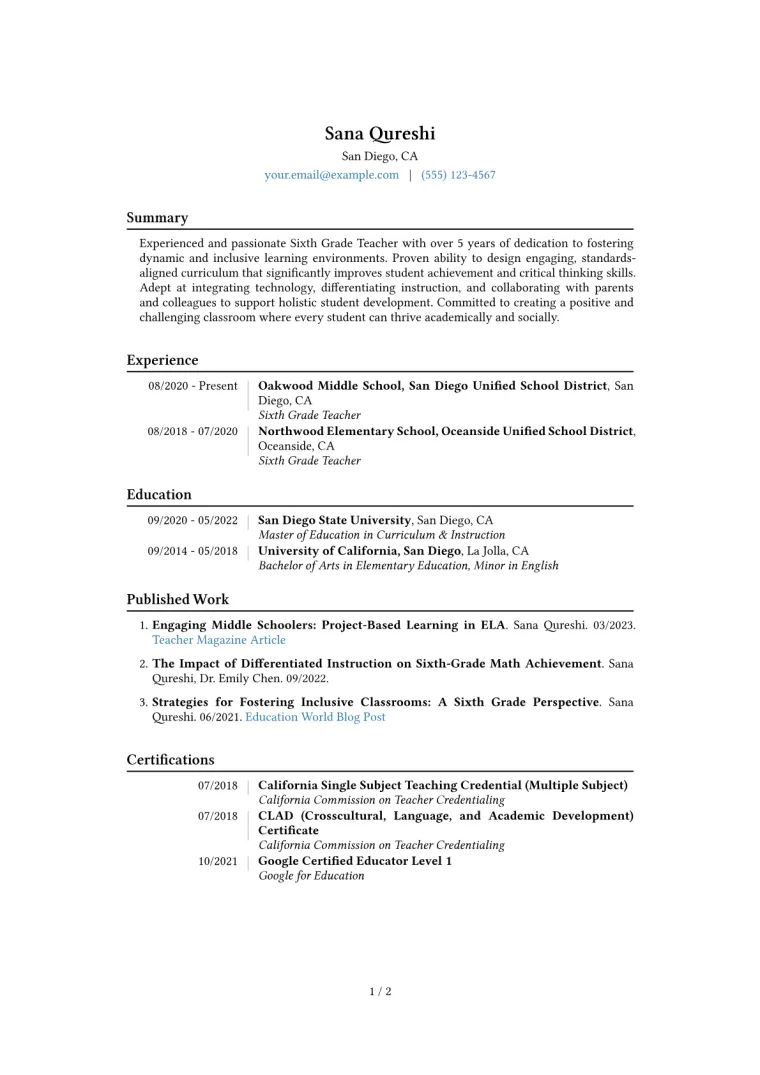 Sixth Grade Teacher Resume Example CV template preview