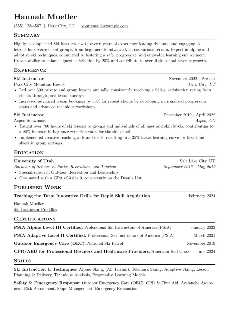 Ski Instructor Resume Example CV template preview