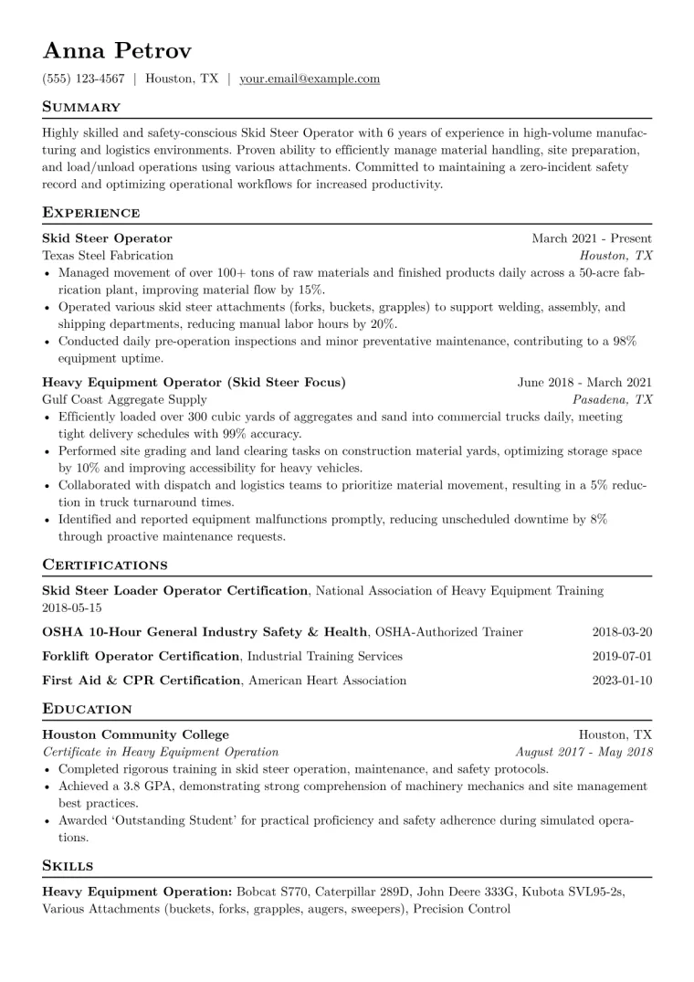 Skid Steer Operator Resume Example CV template preview