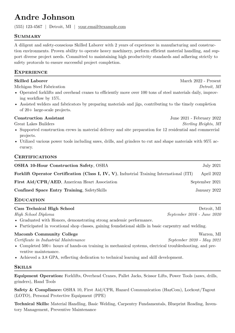 Skilled Laborer Resume Example CV template preview
