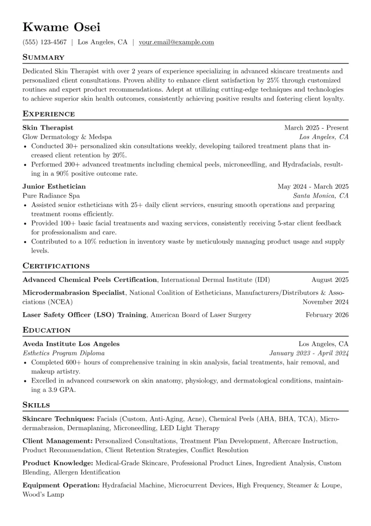 Skin Therapist Resume Example CV template preview