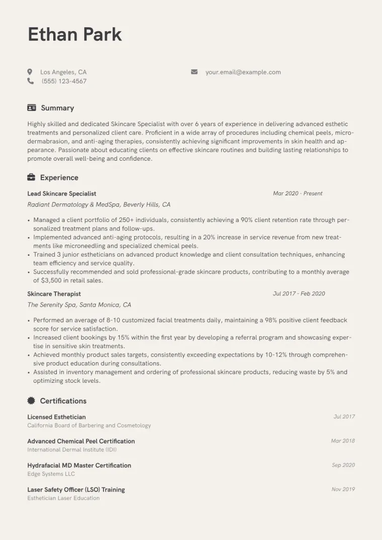 Skincare Specialist Resume Example CV template preview
