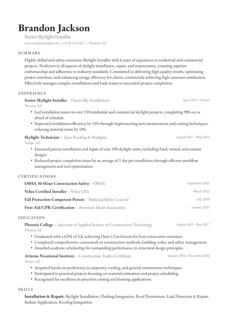 Skylight Installer Resume Example CV template preview