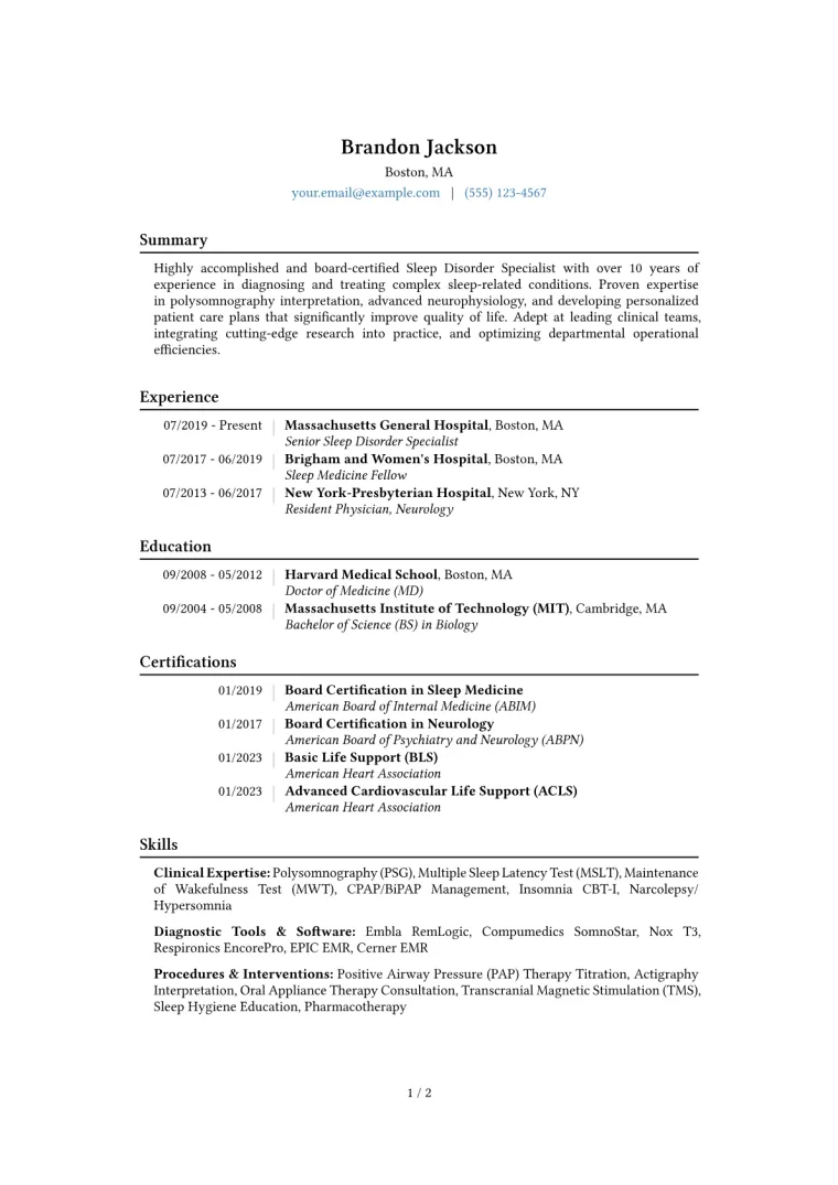 Sleep Disorder Specialist Resume Example CV template preview