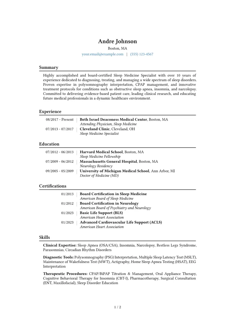 Sleep Medicine Specialist Resume Example CV template preview