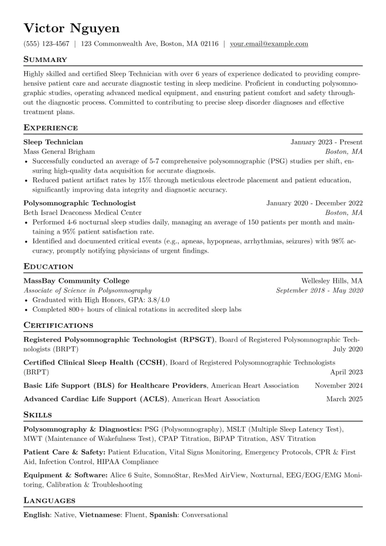 Sleep Technician Resume Example CV template preview