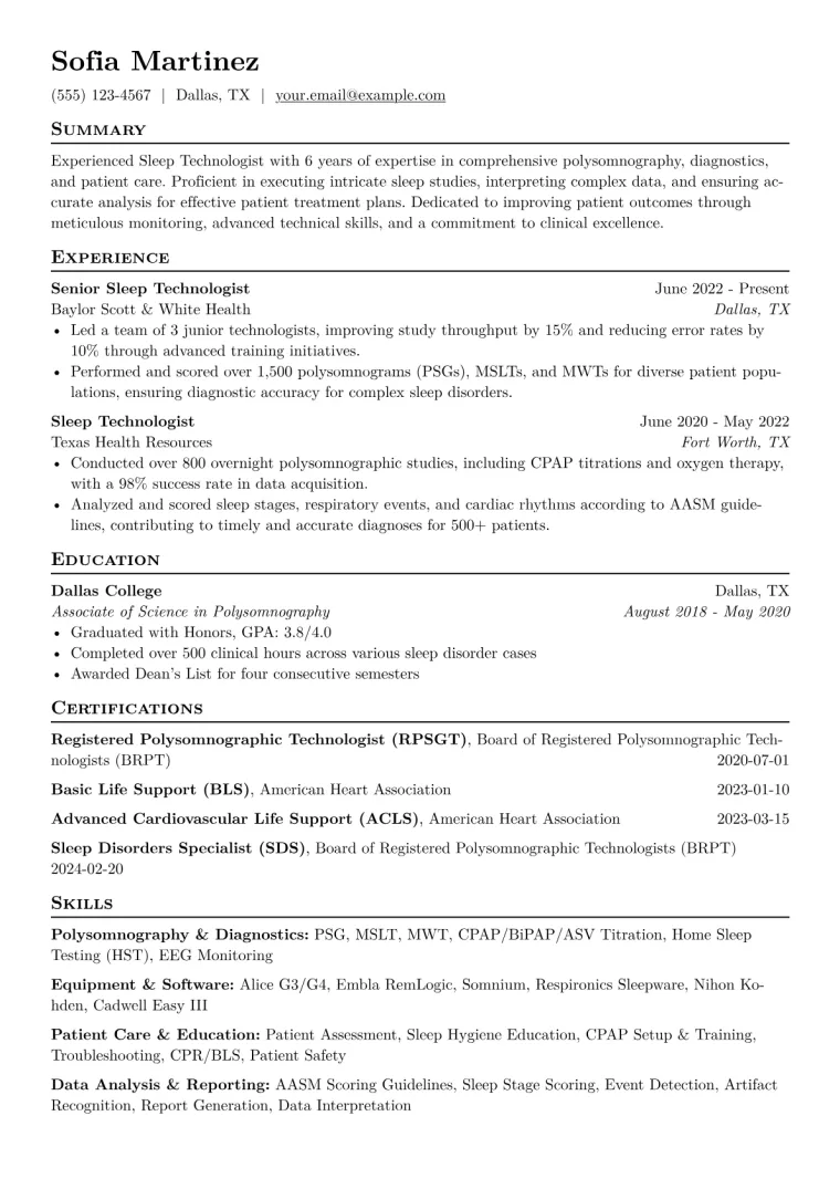 Sleep Technologist Resume Example CV template preview