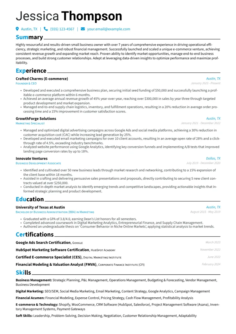 Small Business Owner Resume Example CV template preview
