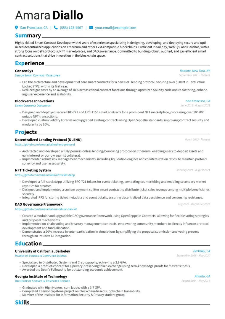 Smart Contract Developer Resume Example CV template preview