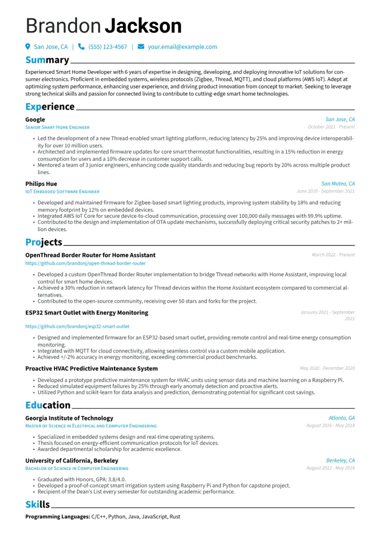 Smart Home Developer Resume Example CV template preview