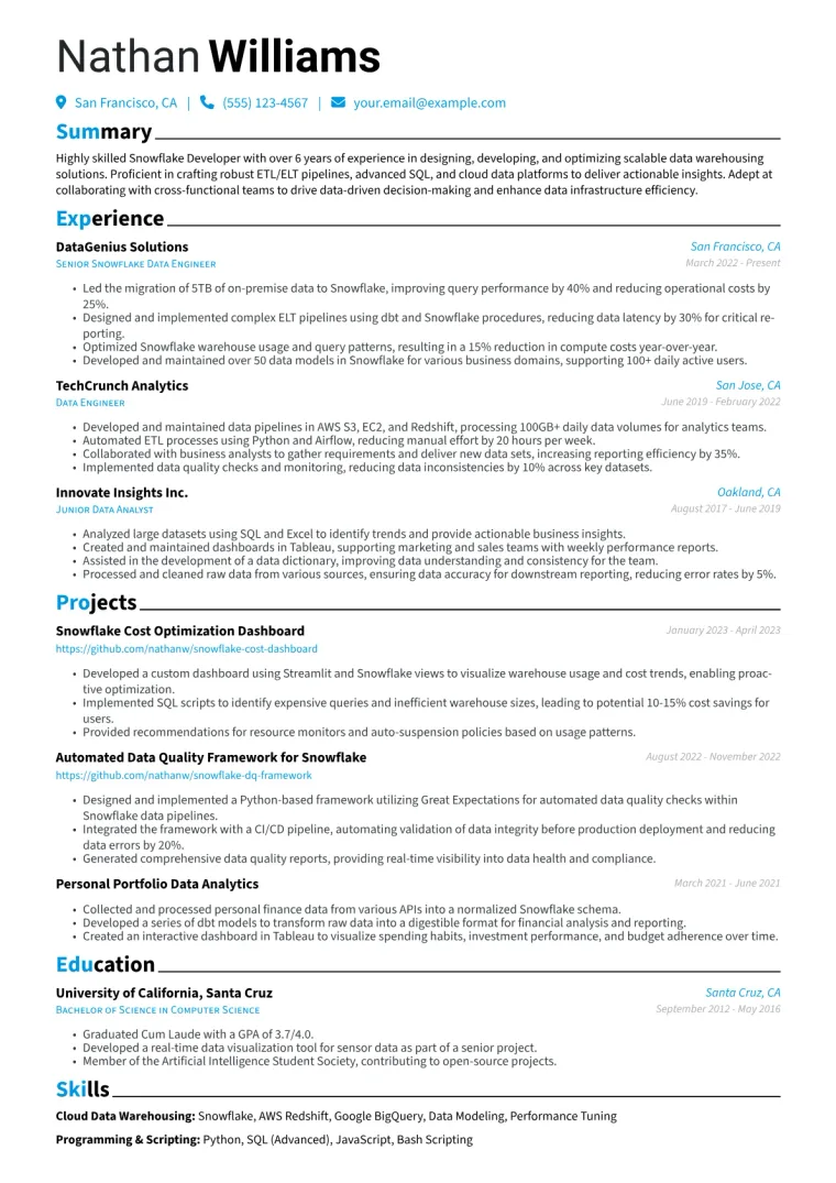 Snowflake Developer Resume Example CV template preview