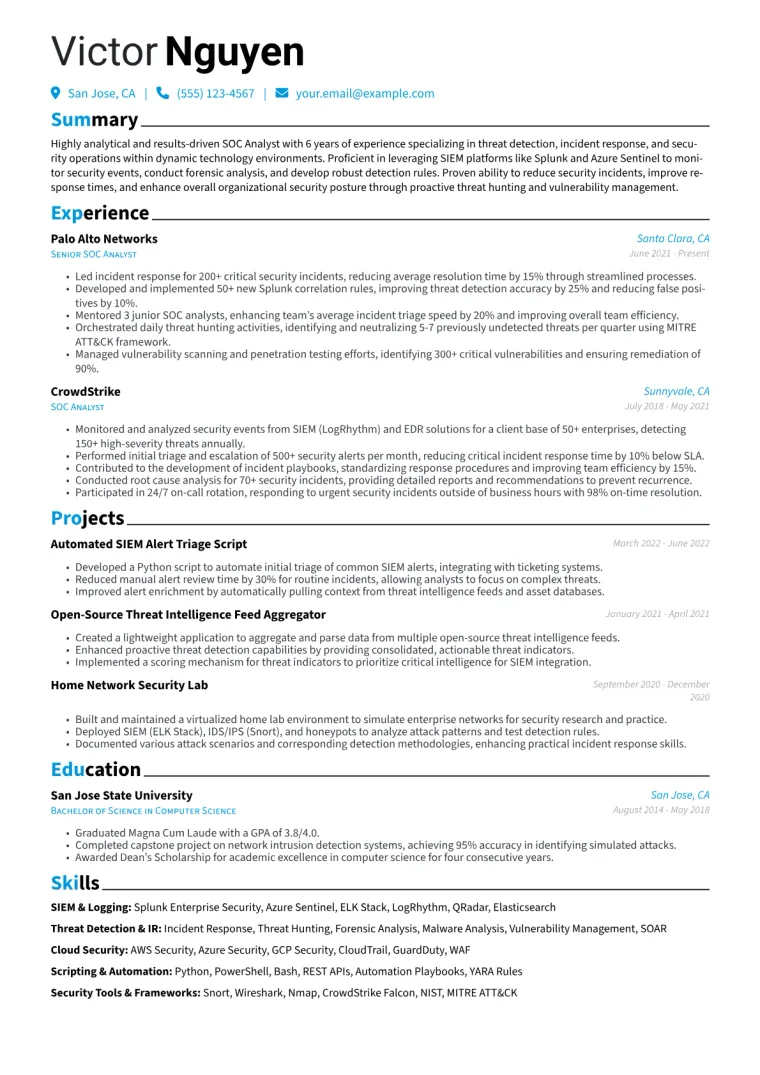 SOC Analyst Resume Example CV template preview
