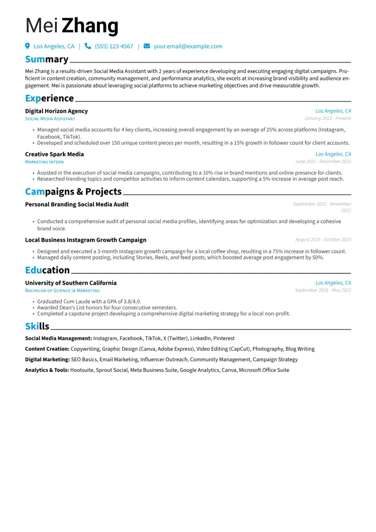 Social Media Assistant Resume Example CV template preview