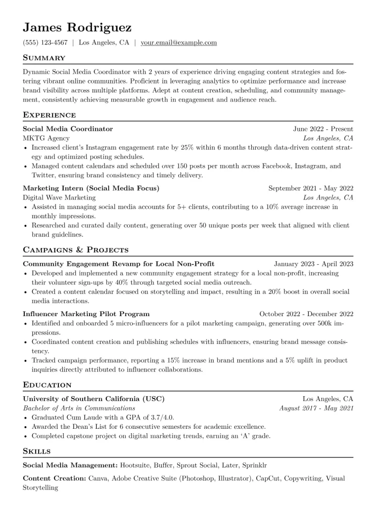 Social Media Coordinator Resume Example CV template preview