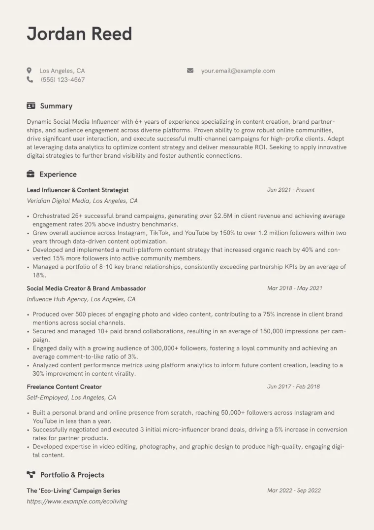 Social Media Influencer Resume Example CV template preview