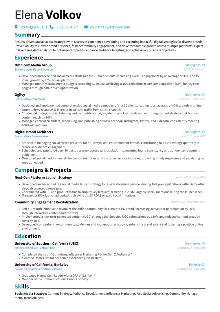 Social Media Strategist Resume Example CV template preview