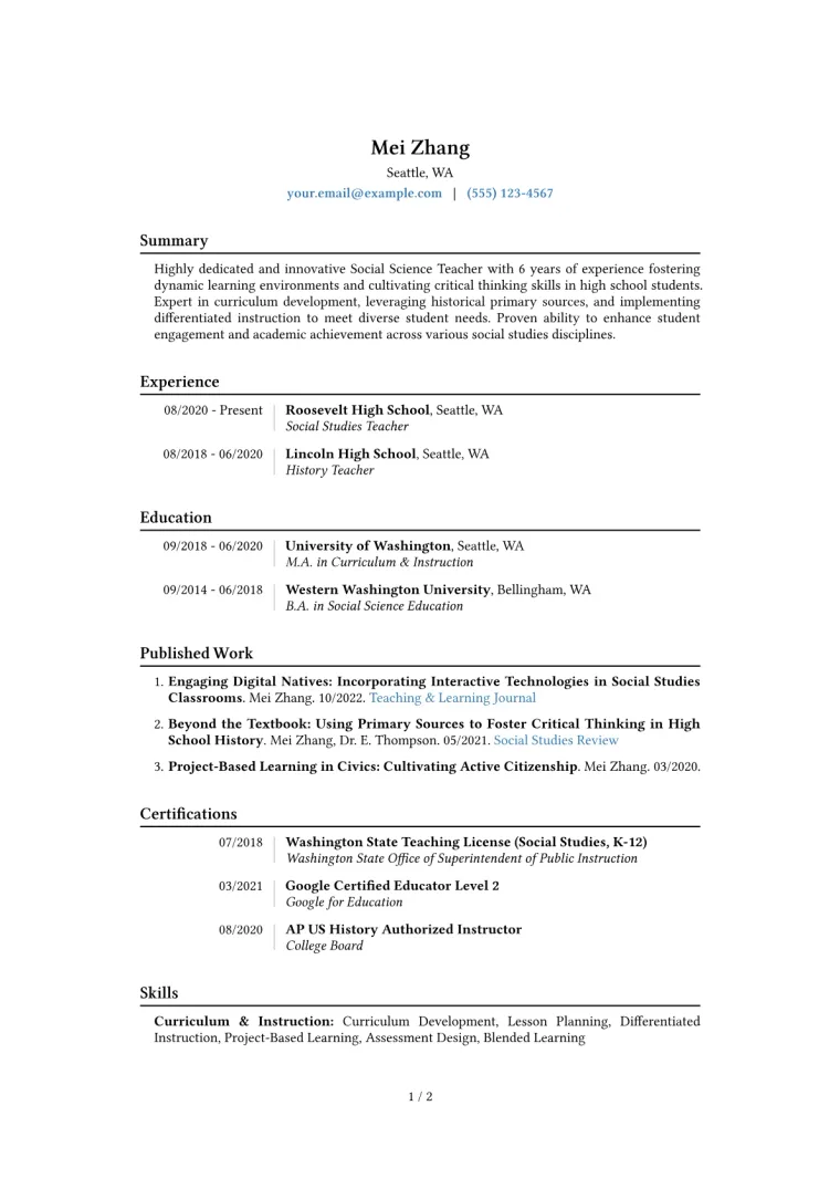 Social Science Teacher Resume Example CV template preview