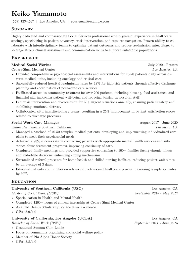 Social Services Resume Example CV template preview
