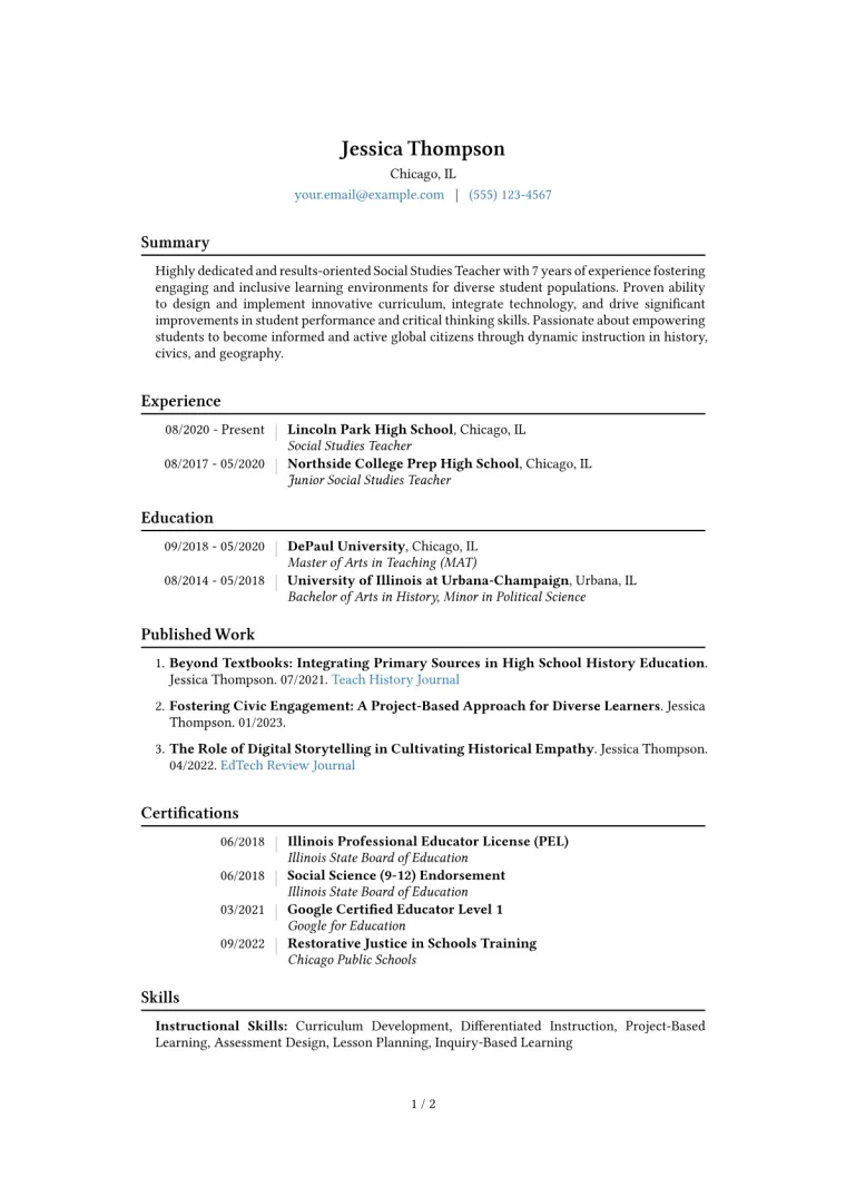 Social Studies Teacher Resume Example CV template preview