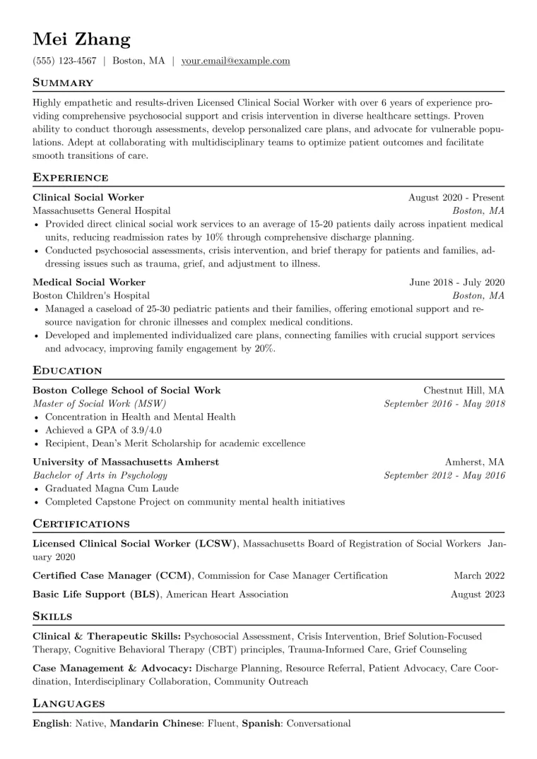 Social Work Resume Example CV template preview