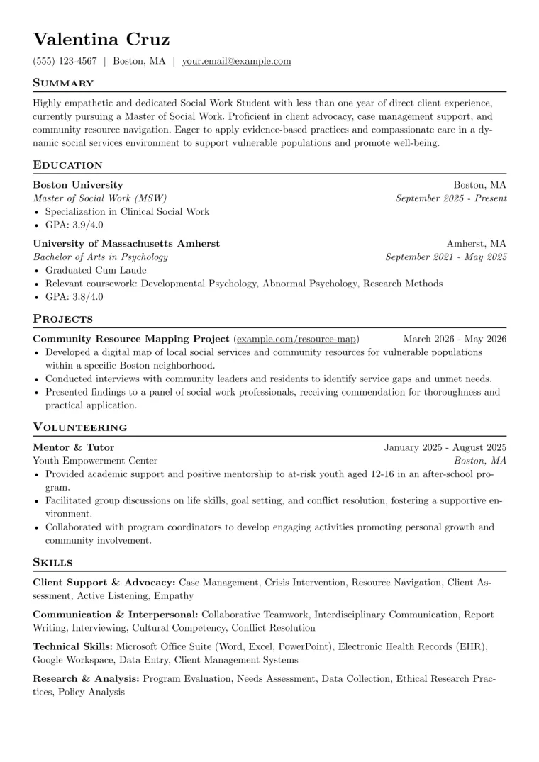 Social Work Student Resume Example CV template preview