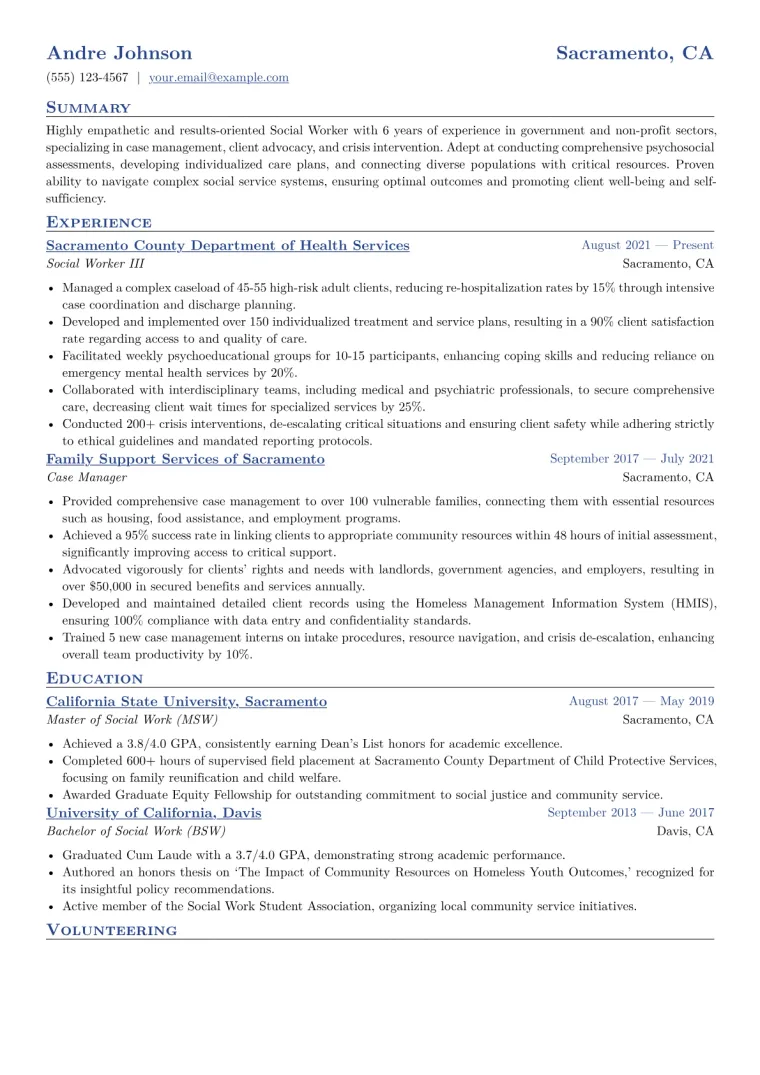 Social Worker Resume Example CV template preview