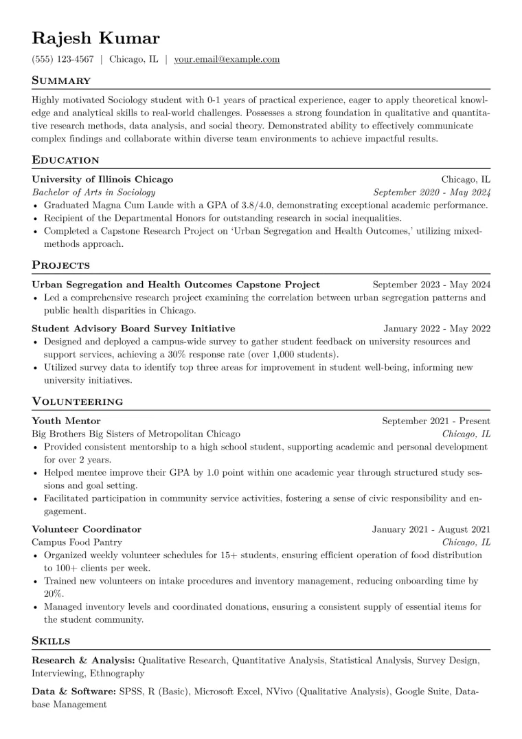 Sociology Student Resume Example CV template preview