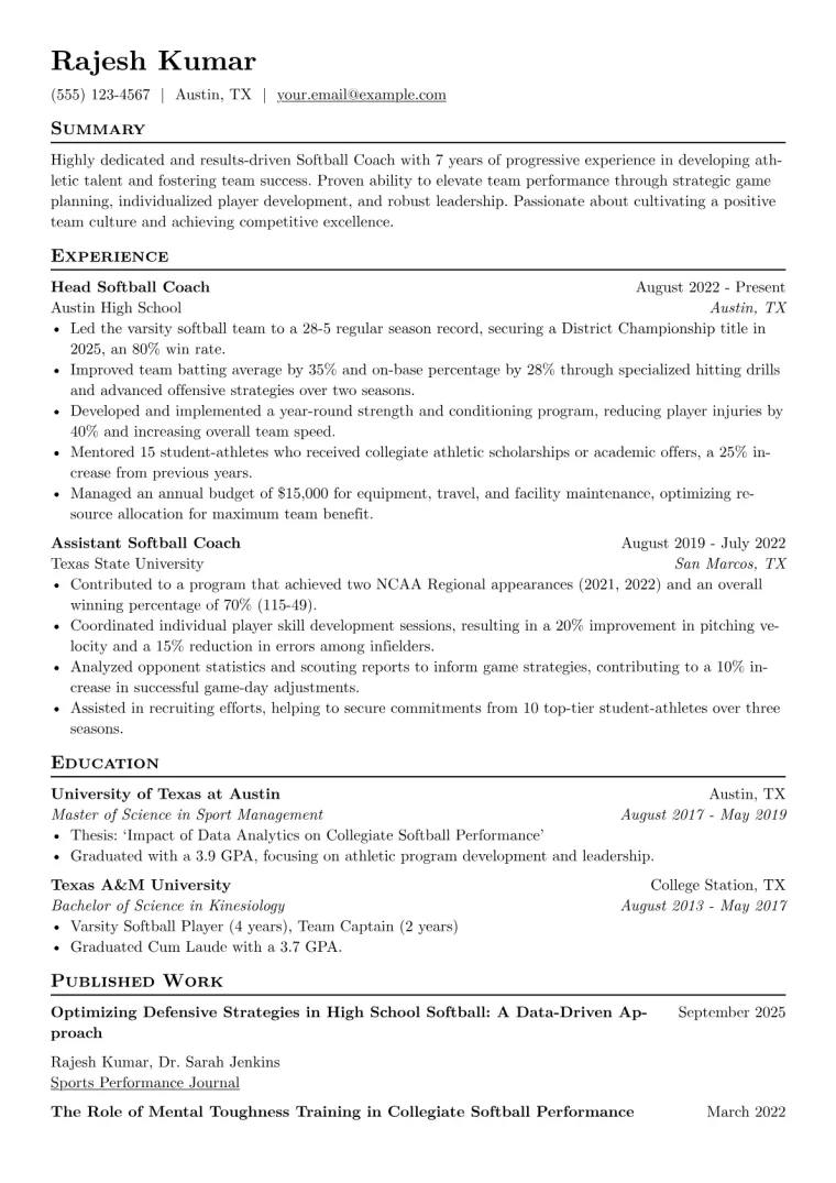 Softball Coach Resume Example CV template preview