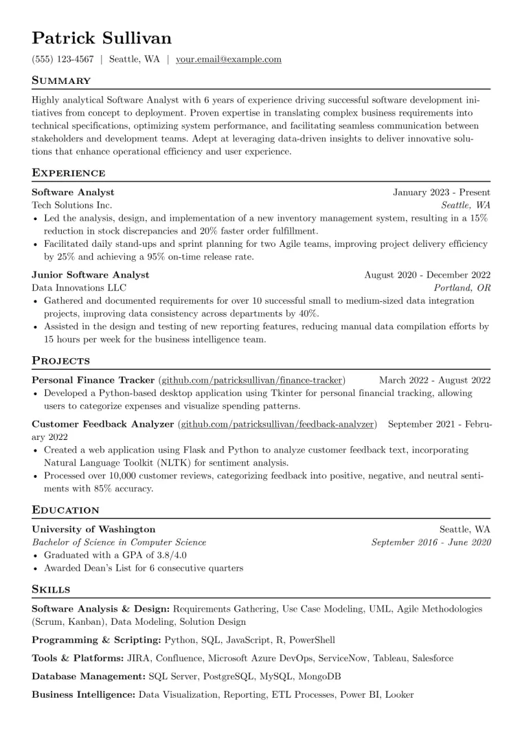 Software Analyst Resume Example preview
