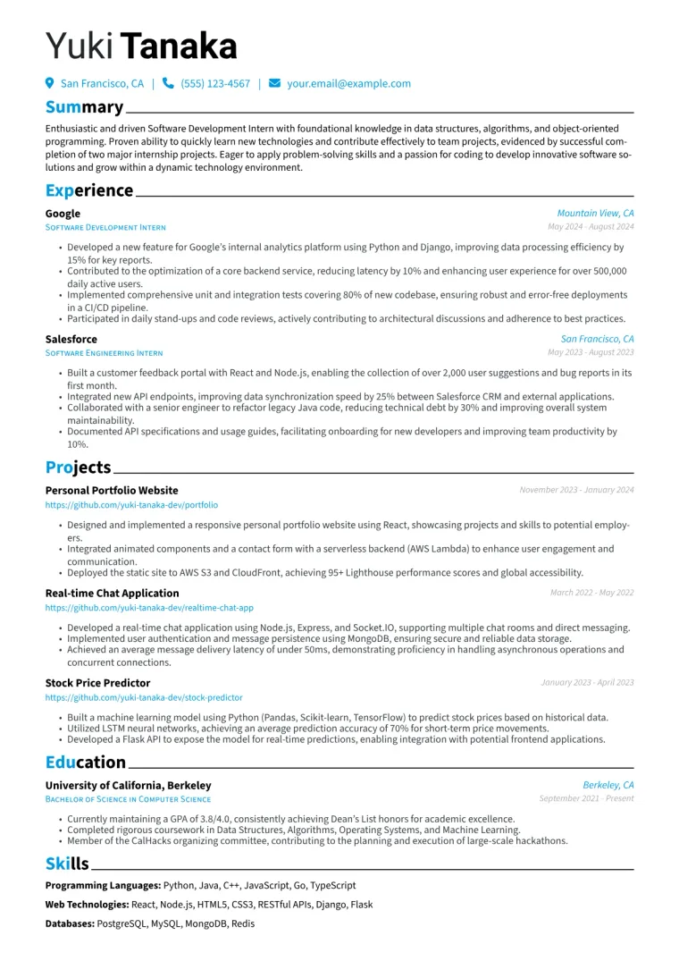 Software Development Intern Resume Example CV template preview