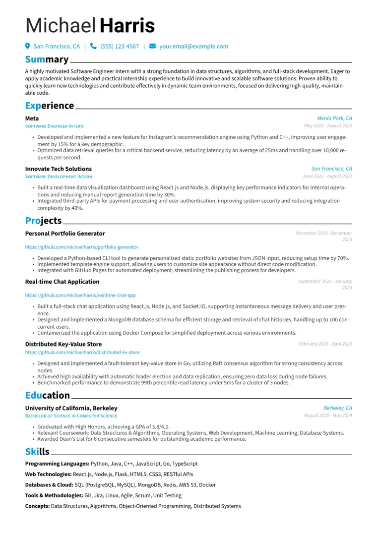 Software Engineer Intern Resume Example CV template preview
