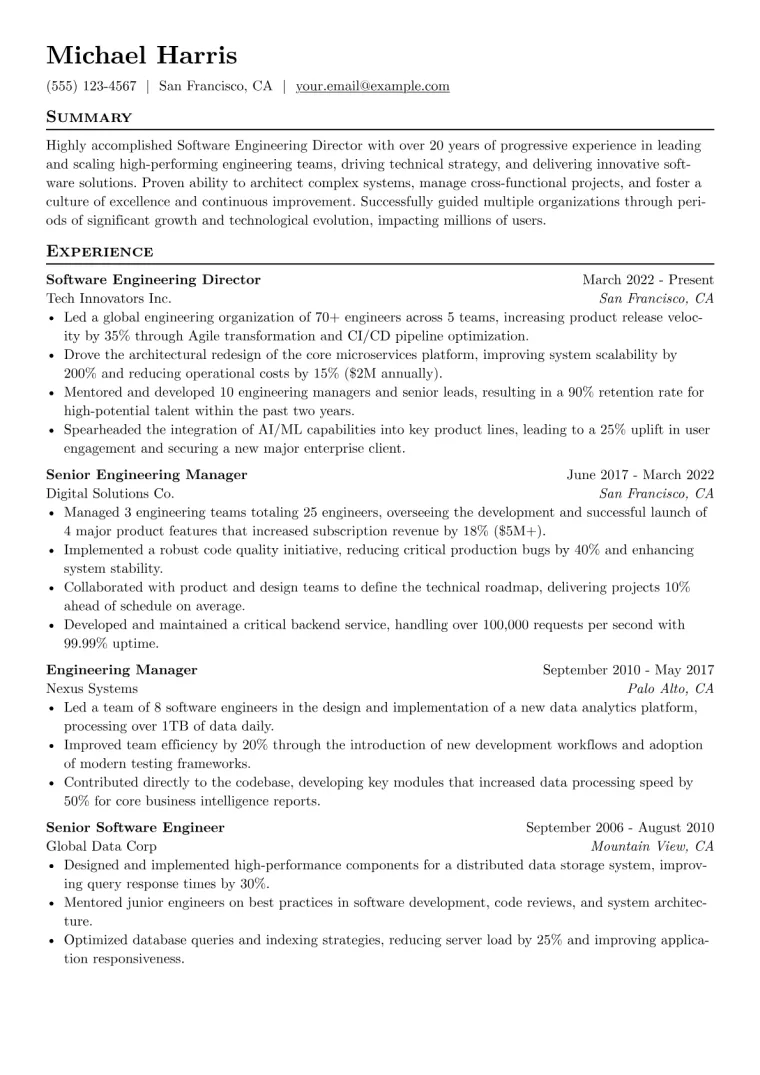 Software Engineering Director Resume Example CV template preview