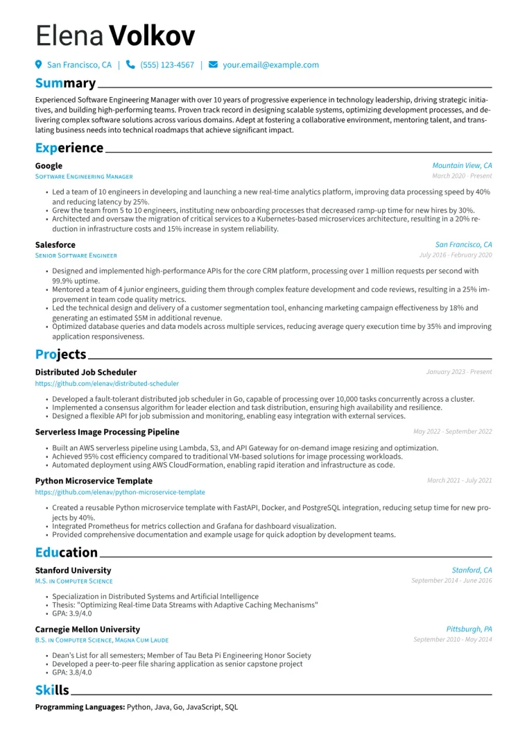 Software Engineering Manager Resume Example CV template preview