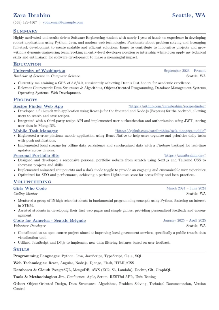 Software Engineering Student Resume Example preview