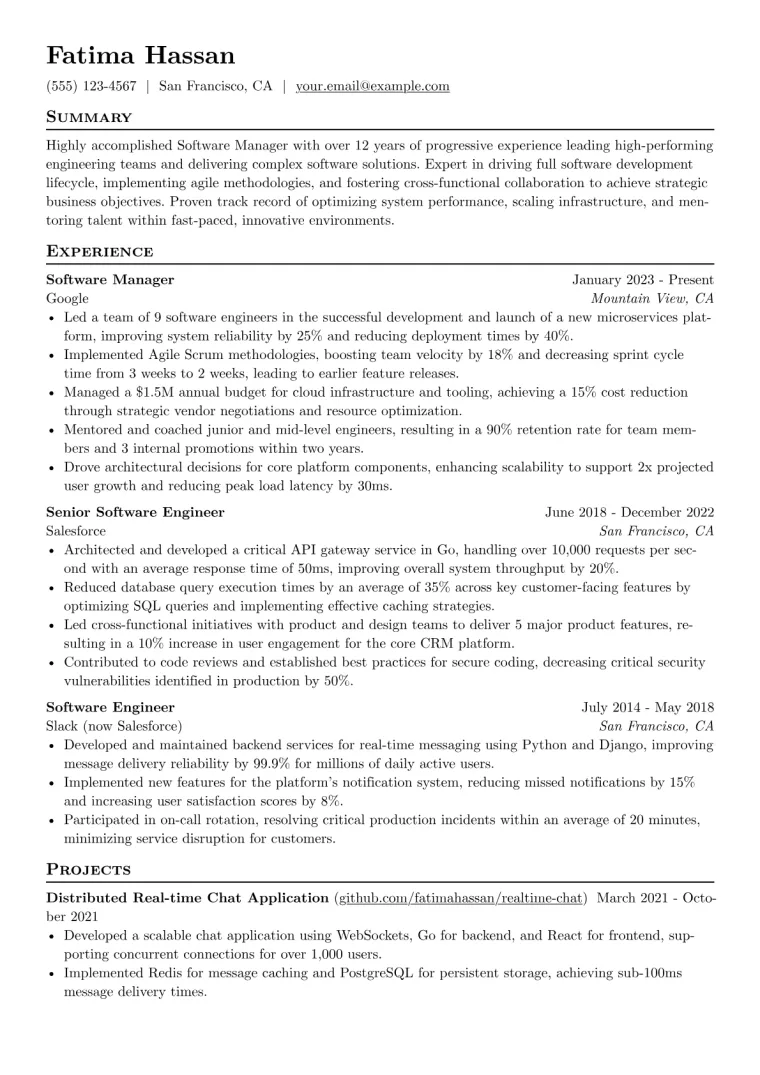 Software Manager Resume Example CV template preview