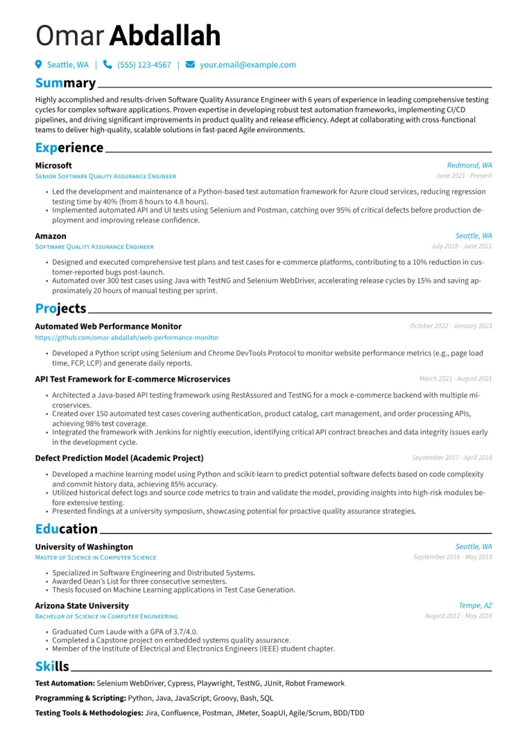 Software Quality Assurance Engineer Resume Example CV template preview