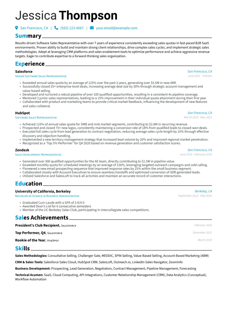 Software Sales Representative Resume Example CV template preview