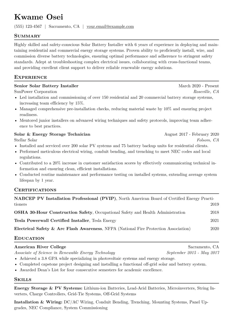 Solar Battery Installer Resume Example CV template preview