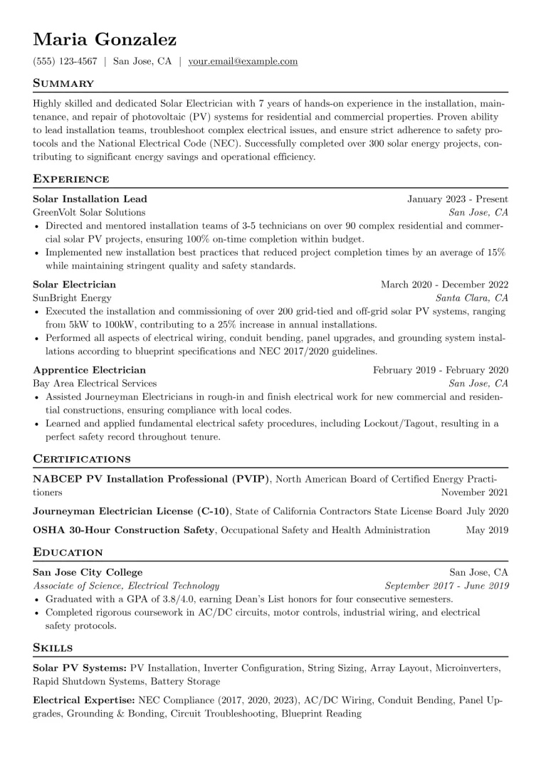 Solar Electrician Resume Example CV template preview