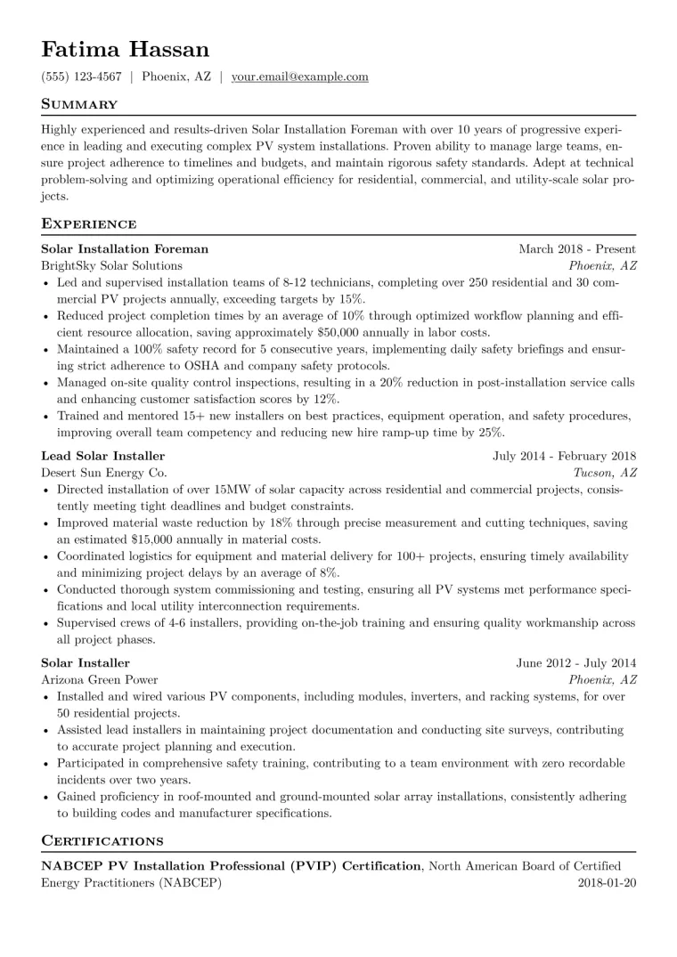 Solar Installation Foreman Resume Example CV template preview