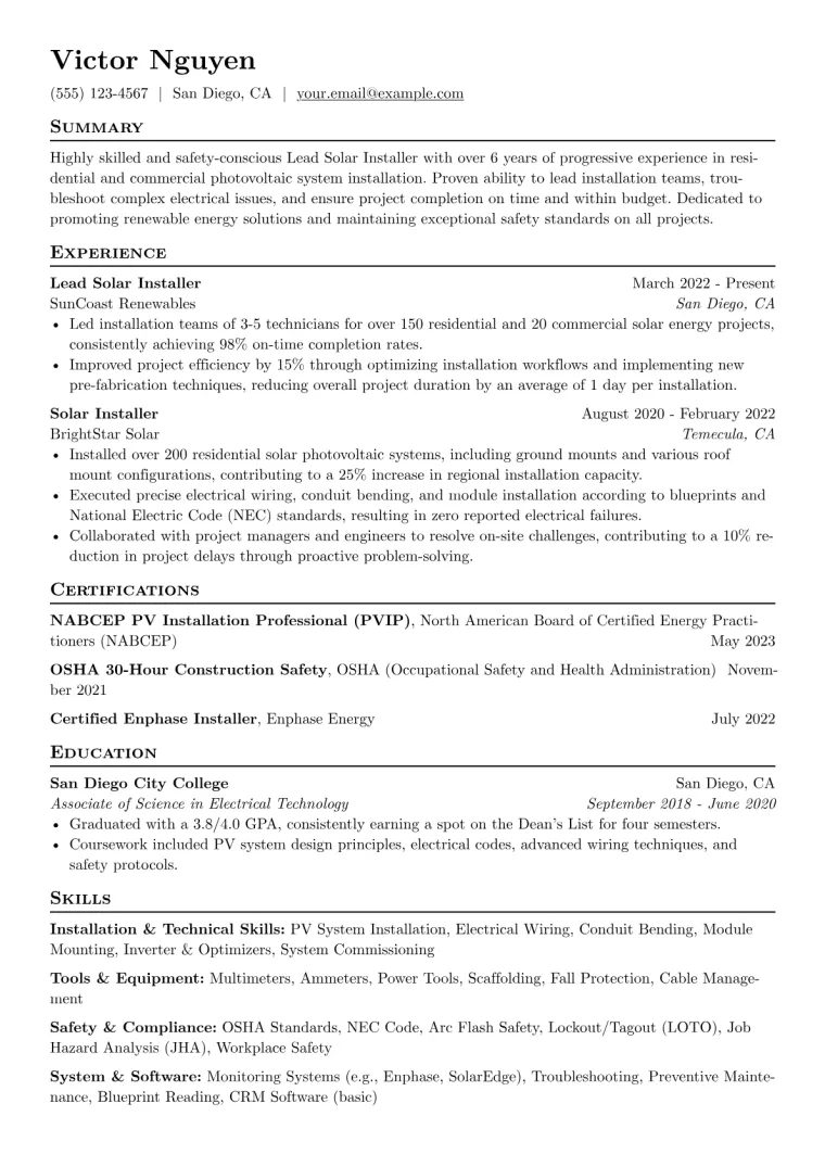 Solar Installer Resume Example CV template preview