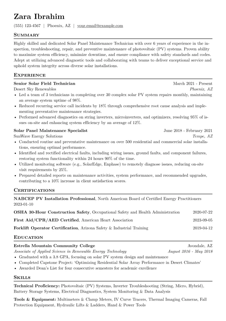 Solar Panel Maintenance Technician Resume Example CV template preview
