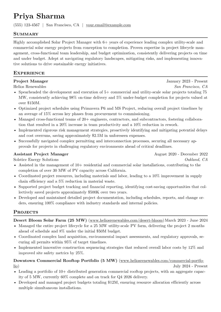 Solar Project Manager Resume Example CV template preview